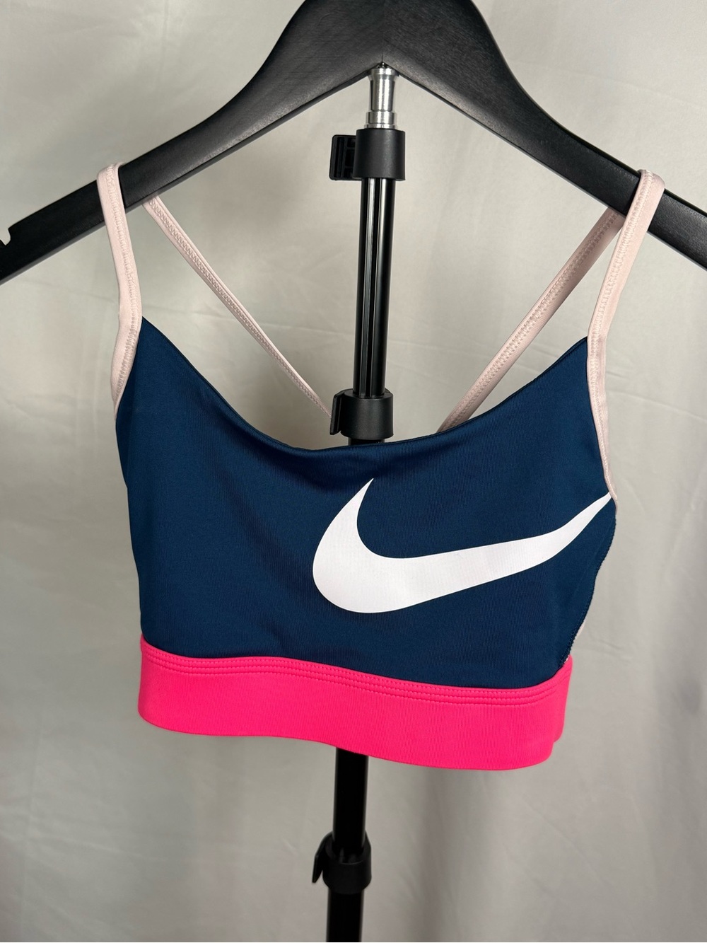 Nike Indy Logo Dri-FIT Sports Bra Navy Pink White Strappy Colorblock